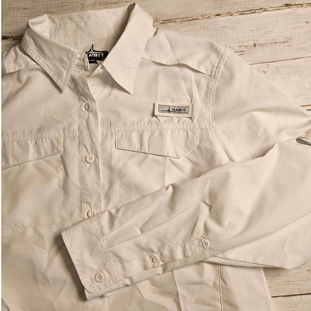 Habit Womens L White Solar-Factor UPF 40+ Fishing Shirt Long Sleeves